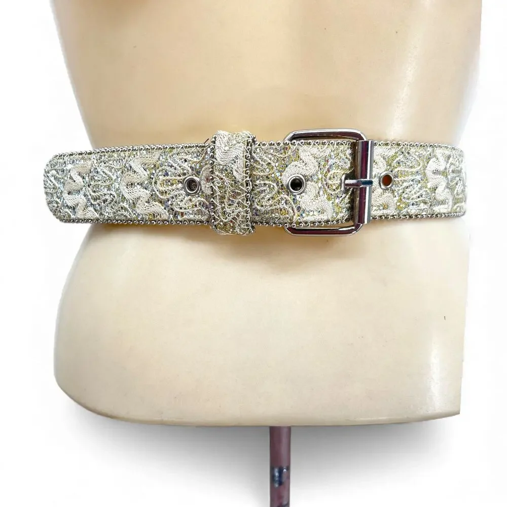 Taupe, Cream & Gold Sparkly Brocade Fabric Belt Silver Buckle M Fairy Beachy